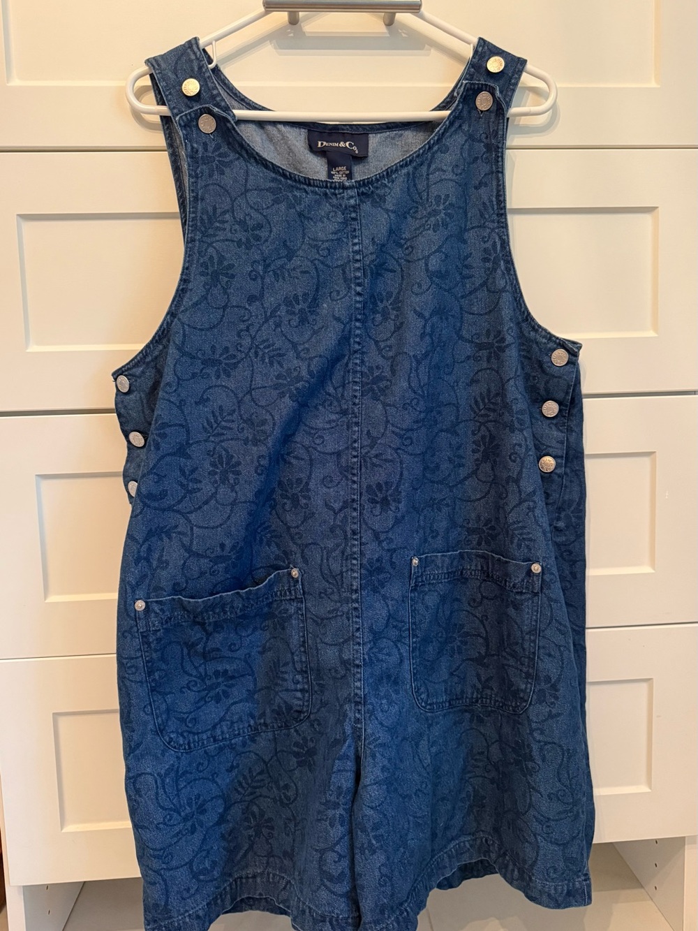 Denim&Co Blue Floral-Print Denim Overall Romper